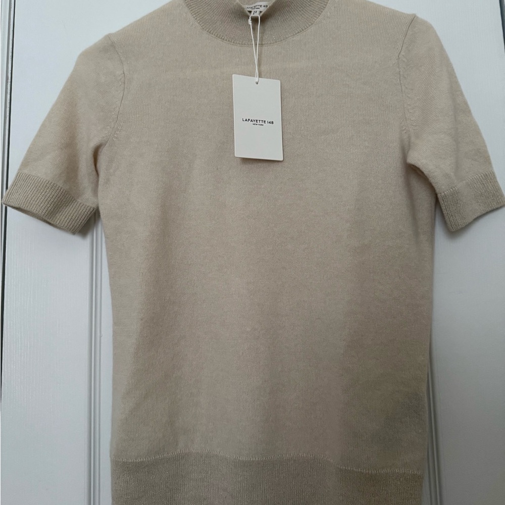 Lafayette 148 New York Short Sleeve Crewneck Sweater in Light Beige